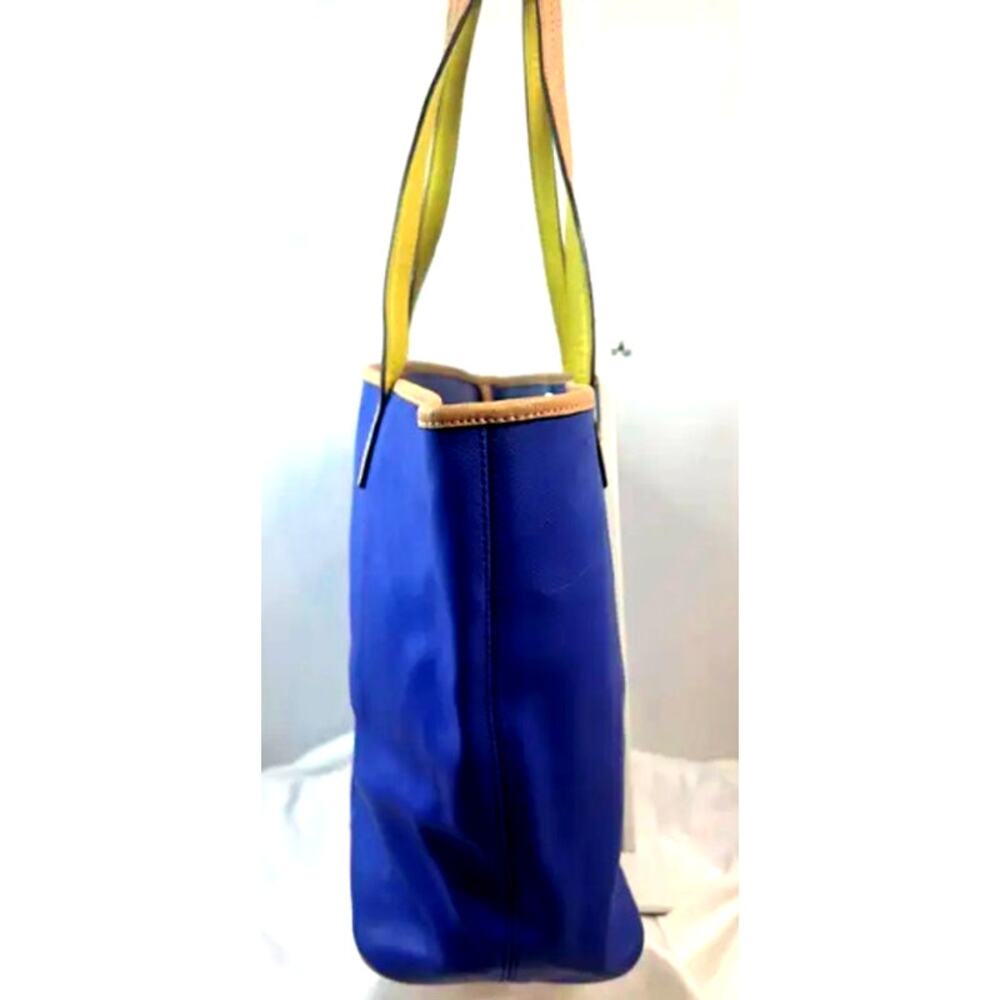 Coach Blue Leather Tote Bag Tan Trim Yellow Accent Shoulder Handbag - Picture 3 of 7